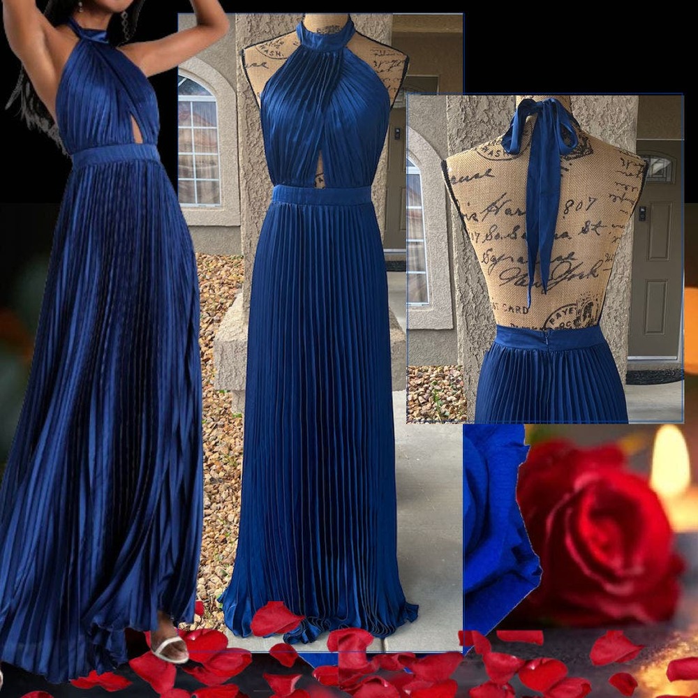 Lulus Navy Blue Pleated Satin Cutout Halter Midnight Moves Maxi Dress Size L